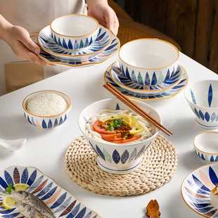 ins日式釉下彩网红创意陶瓷饭碗汤碗面碗菜盘鱼盘子家用碗碟餐具