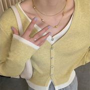 黄色假两件针织开衫外套，女2023秋季小个子短款毛衣长袖上