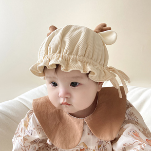 婴儿帽子秋冬季可爱超萌宝宝帽护囟门加绒保暖鹿角新生儿胎帽纯棉