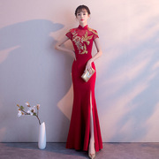 敬酒服旗袍春季长款中式中国风新娘结婚红色晚礼服女鱼尾