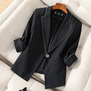 高端七分袖黑色西装外套女2024春夏韩版职业通勤简约纯色西服