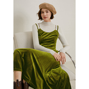 弥古法式丝绒连衣裙复古绿色吊带裙，女秋冬长裙，气质背带裙年会礼服