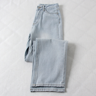 浅蓝色磨白高腰阔腿牛仔裤女小众设计春季窄版直筒裤加长裤子