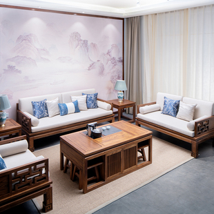 新中式沙发组合实木老榆木禅意简约布艺木质榫卯茶几中式客厅家具
