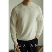 yuxian美式长绒棉毛衣针织衫全棉，圆领套头复古休闲毛衣保暖秋冬