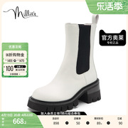 millie's妙丽冬商场同款牛皮时尚烟筒靴白色靴子女中靴25565DZ2