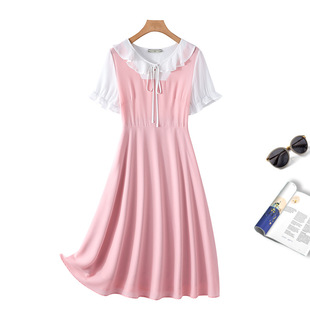 微胖女装粉色大码雪纺连衣裙2024夏洋气(夏洋气，)撞色可盐可甜减龄裙子
