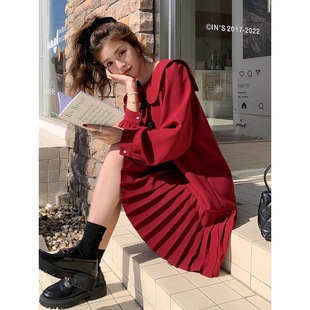 赫本风长袖红色连衣裙，女秋季中长款2024小个子，衬衫雪纺百褶裙