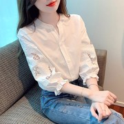 韩国刺绣泡泡灯笼短袖，衬衫女2024夏季立领，衬衣七分袖白雪纺上衣