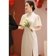 新年旗袍白色小礼服平时可穿显瘦领证登记裙中式改良女修身订婚连
