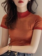 橘红色条纹针织衫短袖T恤女夏季2024修身小香风气质立领上衣
