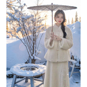 新中式国风盘扣外套高腰半身裙套装女冬季气质名媛显瘦两件套