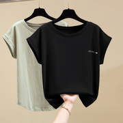 黑色短袖t恤女夏季2024宽松显瘦圆领简约纯棉，冰丝蝙蝠袖上衣