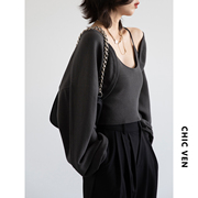 chicven2024春款韩系短款针织，吊带灯笼袖开衫小外套，两件套女