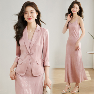 新中式国风西装外套女高级感夏季七分袖，西服套装裙连衣裙两件套薄