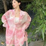 水墨画粉红色衬衫透气2023夏季中国风上衣短裤薄款女套装