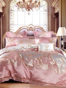 欧式高档奢华粉色结婚床上用品四件套贡缎提花纯棉床单六八十件套