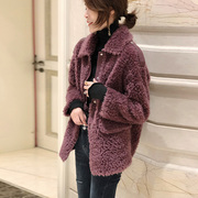 紫红色翻领拼接短外套女流行时髦仿羊羔毛上衣2023年冬季欧货