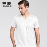 2021中国风亚麻短袖t恤男士，v领纯色，苎麻休闲体恤复古中年男装夏季
