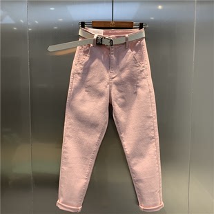 韩版2024年春季粉红色减龄小脚高腰，九分弹力哈伦裤宽松萝卜裤