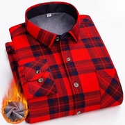 红色格子保暖衬衫男士长袖冬季加绒加厚韩版休闲装本命年爸爸衬衣