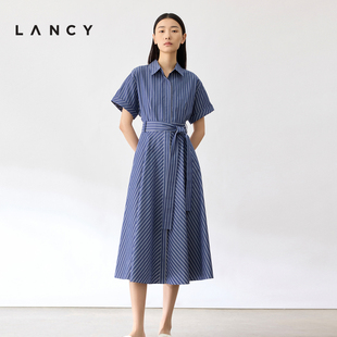 LANCY/朗姿2024夏季纯棉条纹法式衬衫连衣裙女短袖中长款裙子