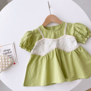 森系设计感女童黄绿蕾丝假两件短袖娃娃衫洋气宝宝泡泡袖宽松上衣