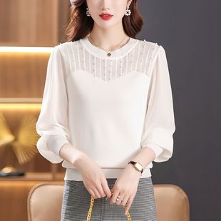 韩版蕾丝雪纺衫长袖镂空钉珠，针织上衣女，小众设计感遮肚子打底衫潮