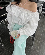 法式蕾丝边松紧一字领设计感衬衫韩国洋气，时尚女装性感露肩短上衣