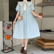 日系初中学生娃娃领纯棉短袖连衣裙夏季学院风宽松收腰可爱公主裙