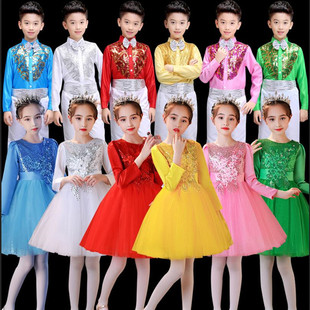 元旦小学生长袖合唱演出服装幼儿园男女童亮片蓬蓬纱裙舞台表演服