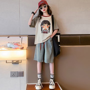 女童短袖套装夏装韩版儿童2024中大童卡通牛仔短裤洋气两件套