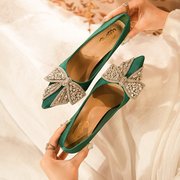 法式婚鞋新娘鞋，2023年尖头蝴蝶结高跟鞋，女细跟水晶鞋气质单鞋