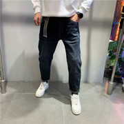 冬季男士腰带设计加绒小脚牛仔裤韩版修身显瘦弹力加厚休闲裤