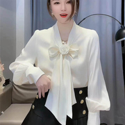 法式V领飘带白衬衫女士蝴蝶结职业装衬衣设计感小众气质上衣