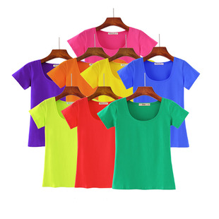 炅妍莹光绿短袖t恤女广场舞，绿色运动夏装，上衣橘色u领体恤衫紫色