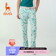 svg高尔夫24春夏男装，蓝绿格纹印花长裤修身直筒裤运动套装男