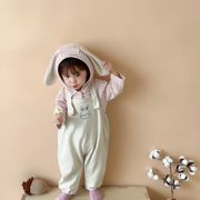 婴儿衣服秋款连体衣套装，长袖条纹兔耳朵，连帽卫衣背带裤休闲两件套