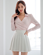 口袋里的韩国2024年春款1.10显白翻领修身衬衫荷叶半身裙单买