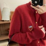 欧货原版100%澳洲羊毛开衫女圆领刺绣毛衣宽松休闲针织红色外套潮