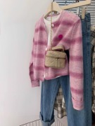 粉色条纹短款针织开衫，女早春春秋季外搭高级感毛衣针织衫外套秋冬
