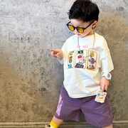 小南瓜kids2024夏季男童T恤短袖趣味印花上衣拼色短裤洋气酷