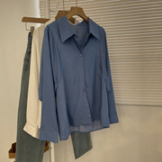 蓝色可调节收腰衬衫女早春小众设计感蝙蝠袖气质宽松衬衣韩系chic