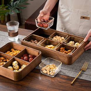 胡桃木果盒家用客厅轻奢高档创意实木分格坚果收纳盒干果盘新中式
