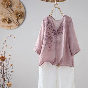 夏季文艺复古绣花苎麻短袖T恤衫女宽松显瘦纯色薄款气质上衣