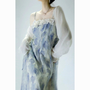 北冥有渔印花吊带裙，女夏季法式复古甜美设计长裙小个子雪纺连衣裙