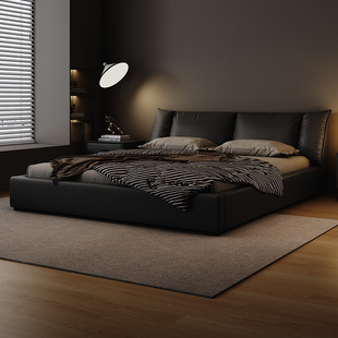 意式极简真皮床主卧高端大气现代简约2米x2米，2大床黑色内嵌双人床