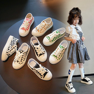 儿童帆布鞋2023春秋，学生单鞋男童格子运动鞋，女童布鞋低帮板鞋