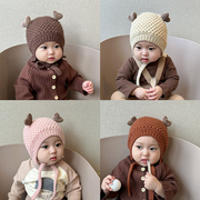 韩版ins婴儿毛线帽女童宝宝帽子，秋冬款纯棉，1岁针织防风护耳帽