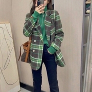2024韩版绿格子西装外套女秋冬设计感小众，高级感小个子上衣潮